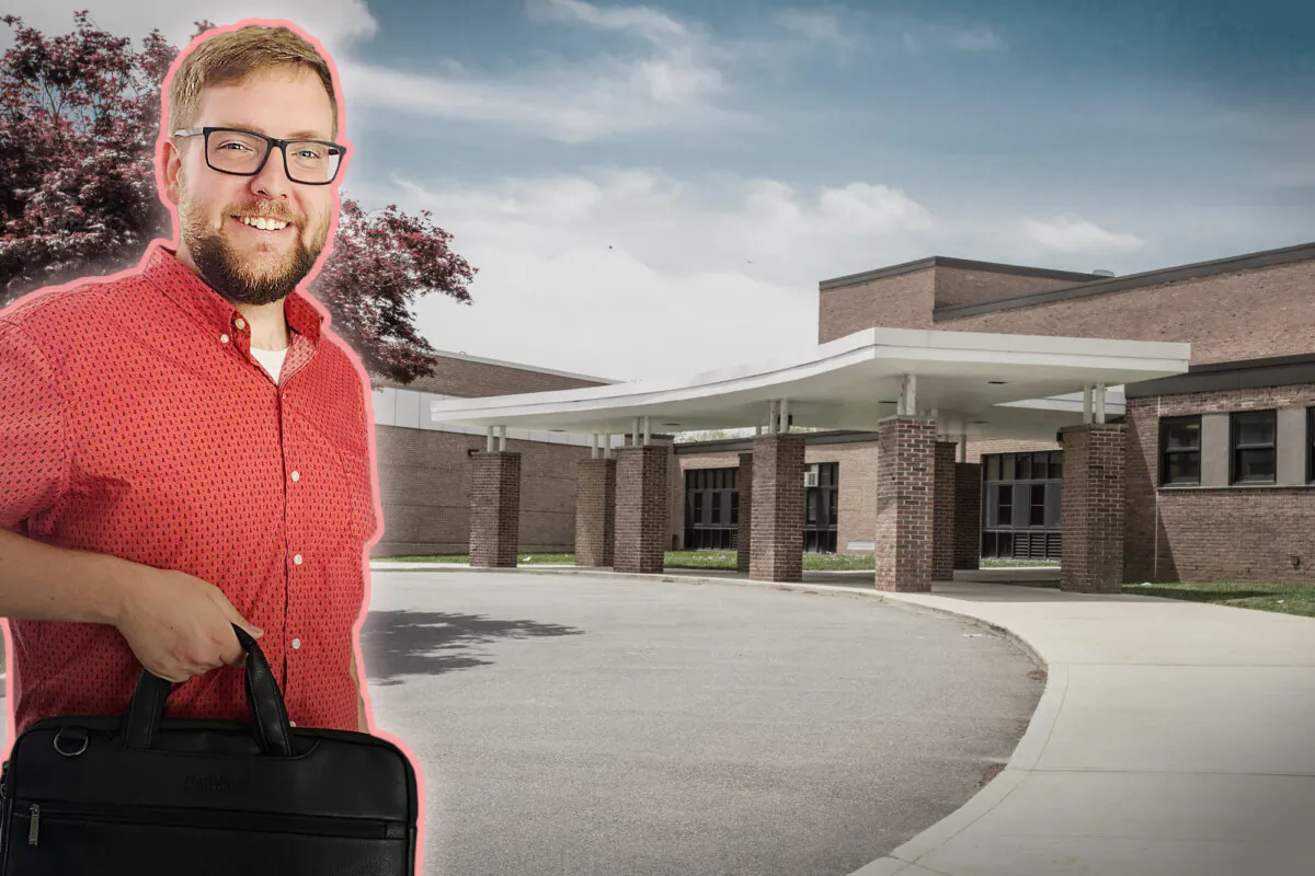 A photo of Tim Lieber overlaying a background image of a school. (Illustration by The Epoch Times, Courtesy of Tim Lieber, Structured Vision/Shutterstock)
