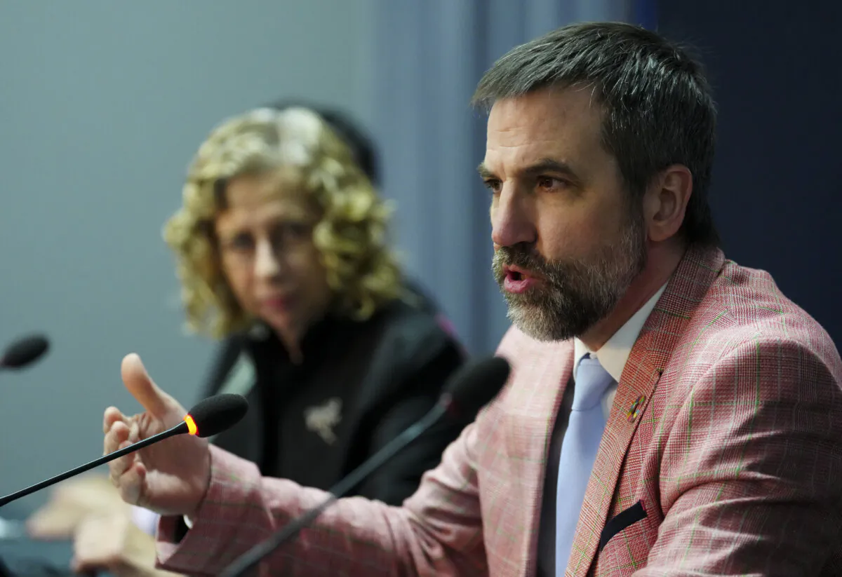 Environment Minister Steven Guilbeault speaks at a press conference during the fourth session of the Intergovernmental Negotiating Committee to develop an international treaty on plastic pollution, in Ottawa on April 22, 2024. (The Canadian Press/Sean Kilpatrick) 