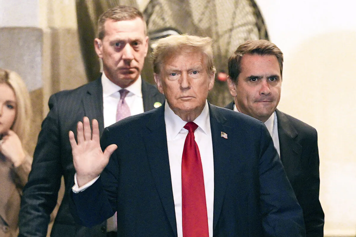 Former President Donald Trump appears outside the courtroom during his trial for allegedly covering up hush money payments at Manhattan Criminal Court in New York City on April 23, 2024. (Curtis Means-Pool/Getty Images)