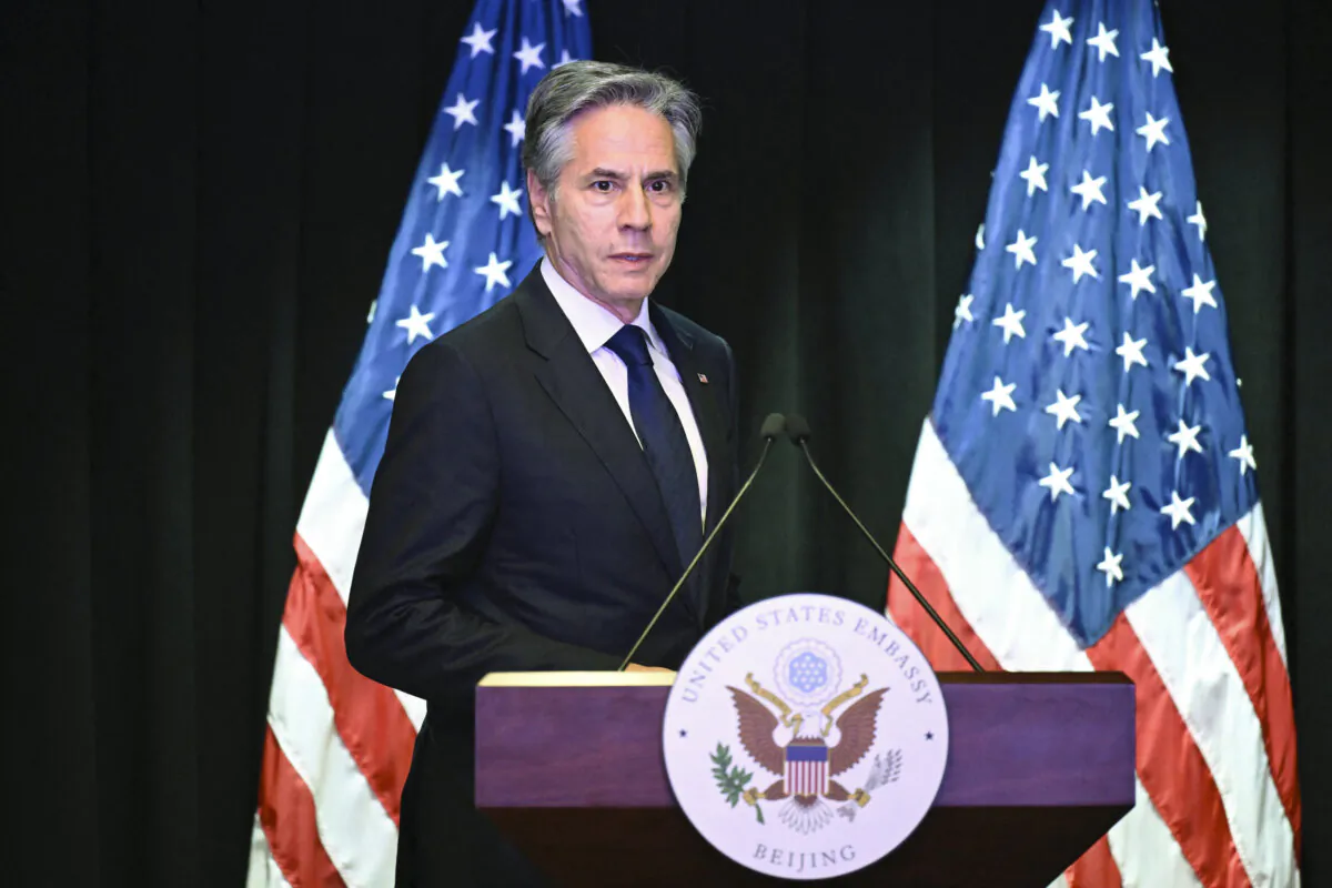 U.S. Secretary of State Antony Blinken attends a press conference at the U.S. Embassy in Beijing on April 26, 2024. (Wang Zhao/AFP via Getty Images)