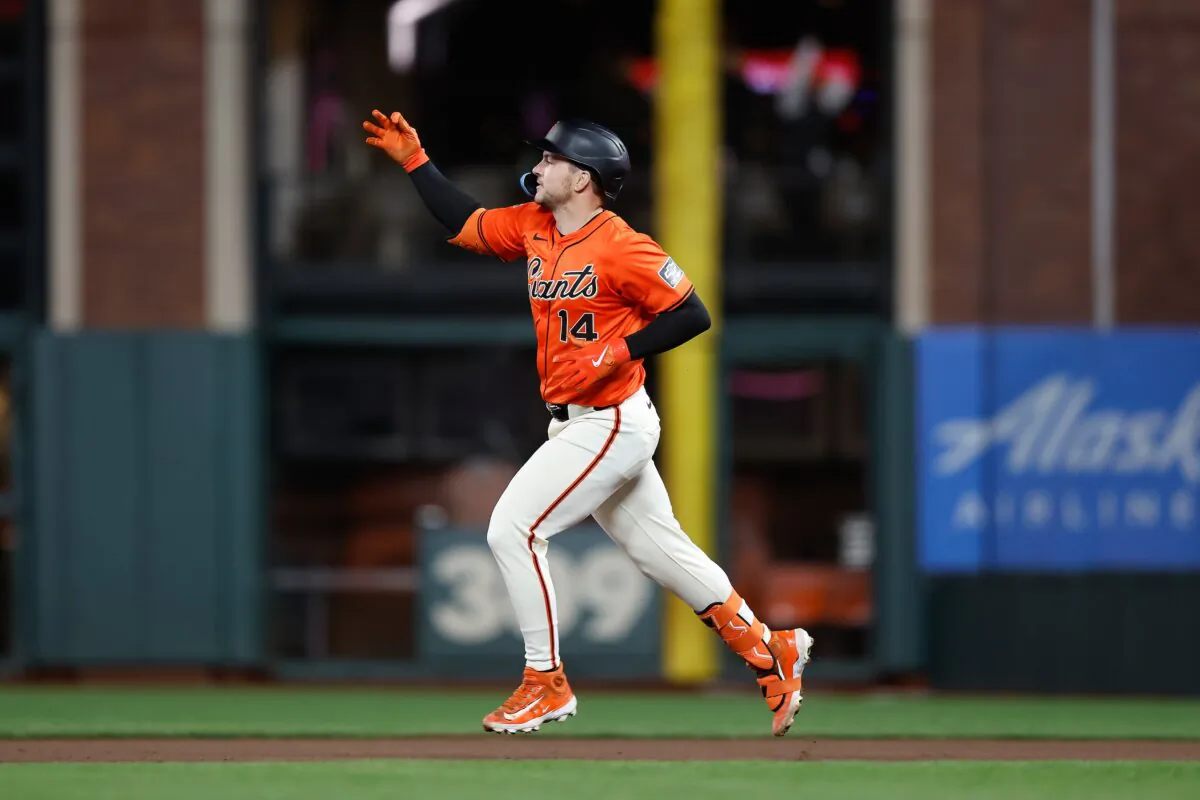 Patrick Bailey (14) of the San Francisco Giants celebrates after hitting a walk-off three-run home run in the bottom of the ninth inning against the Pittsburgh Pirates in San Francisco on April 26, 2024. (Lachlan Cunningham/Getty Images)