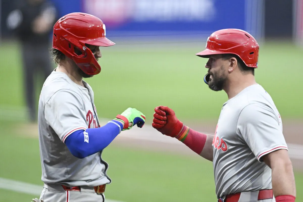 Kyle Schwarber (12) of the Philadelphia Phillies (R) is congratulated by teammate Bryce Harper (3) after hitting a solo home run during the first inning of a baseball game against the San Diego Padres in San Diego on April 26, 2024. (Denis Poroy/Getty Images)