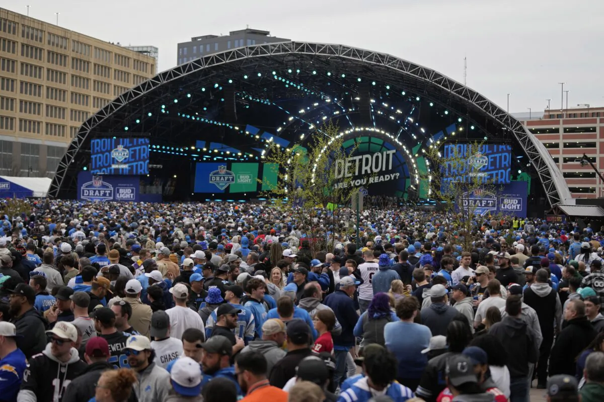 Crowds fill an area outside of the draft stage during the second round of the NFL football draft in Detroit on April 26, 2024. (Carlos Osorio/AP Photo)