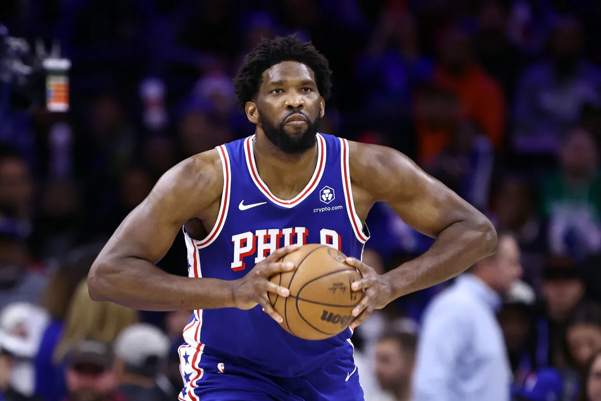 Joel Embiid #21 of the Philadelphia 76ers passes the ball against the Chicago Bulls at the Wells Fargo Center in Philadelphia, Penn., on Dec. 18, 2023. (Tim Nwachukwu/Getty Images)