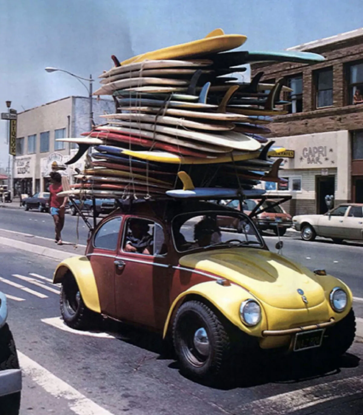 Exhibits at the California Surf Museum in Oceanside, such as this photo of surfers headed to Huntington Beach in 1978, capture surfing throughout the years. (Photo courtesy of Guy Motil)
