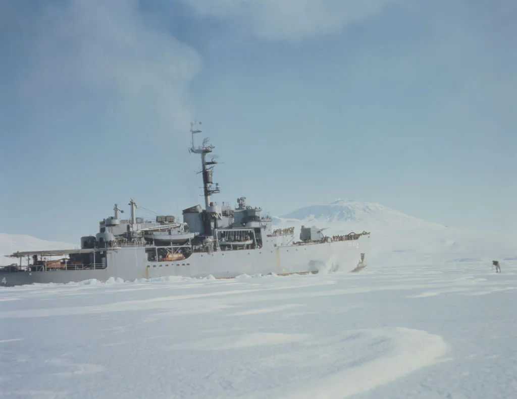 The US Navy icebreaker 'USS Glacier' (AGB-4) in McMurdo Sound, Antarctica, in the shadow of Mount Erebus, circa 1960. (Archive Photos/Getty Images)