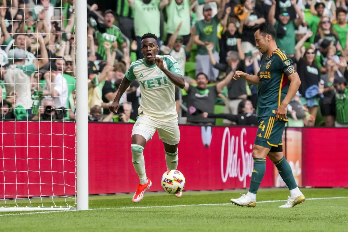 Austin FC forward Jader Obrian (11) runs to the corner after scoring the second goal in the first half against the LA Galaxy in Austin, Texas, on April 27, 2024. (Scott Wachter/USA TODAY Sports via Field Level Media)