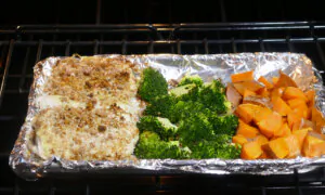 Baked Pecan Crusted Halibut With Broccoli and Sweet Potatoes