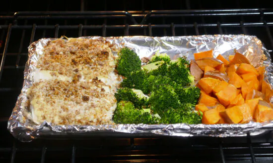 Baked Pecan Crusted Halibut With Broccoli and Sweet Potatoes