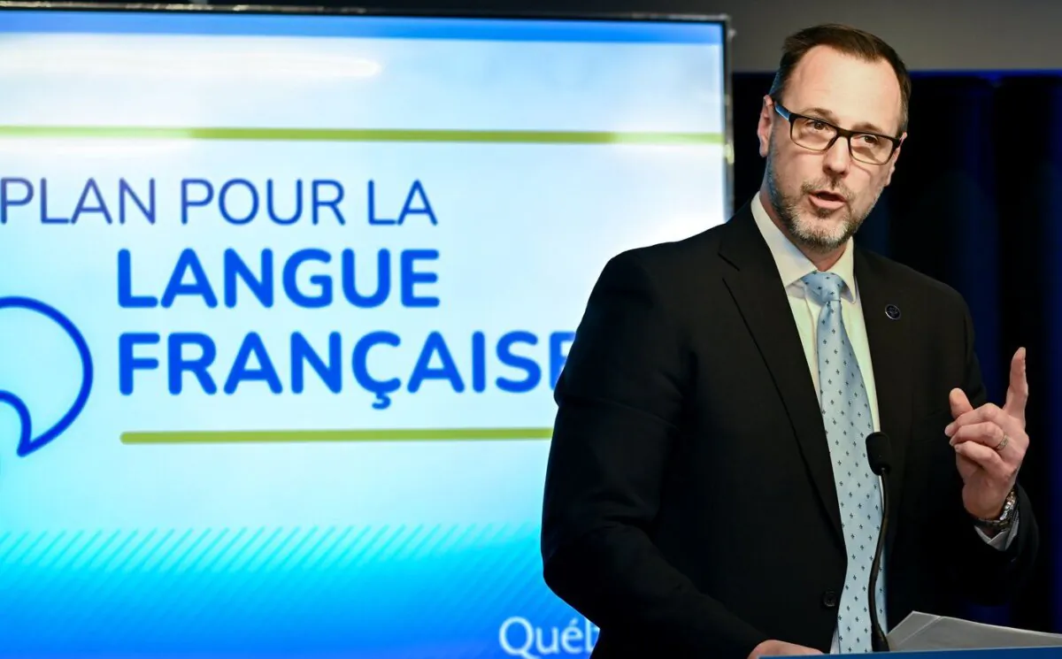 Minister of the French Language Jean-François Roberge holds a news conference concerning the Plan for the French language in Montreal, April 28, 2024. (The Canadian Press/Graham Hughes)