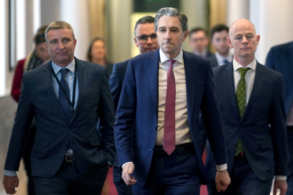 Taoiseach Simon Harris (centre) with (left to right) Minister of State for Skills and Further Education Niall Collins, Minister for Further and Higher Education, Research, Innovation and Science Patrick O'Donovan, Minister of State for Public Procurement, eGovernment, Communications and Circular Economy Ossian Smyth ahead of speaking to the media at Government Buildings in Dublin, on investment in student accommodation, on April 25, 2024. (Brian Lawless/PA Wire)