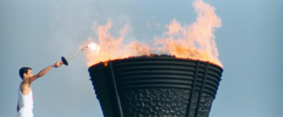 The Olympic flame is lit, in “Tokyo Olympiad.” (Toho)