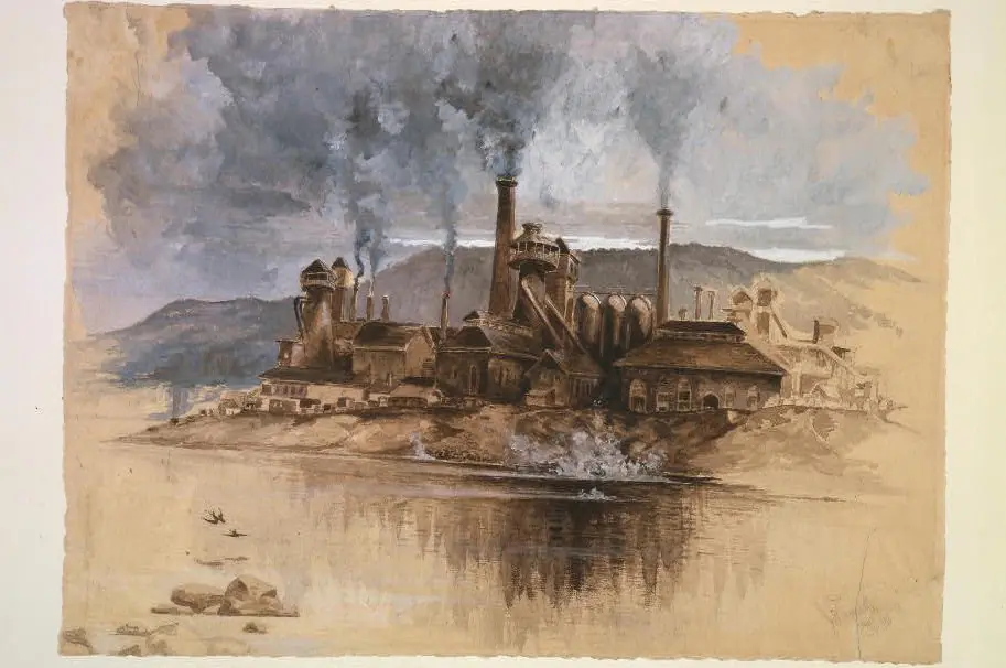 A watercolor drawing of a steel factory in Bethlehem, Penn., circa May 1881. The writer's mother gave a valuable lesson after passing by a steel factory. (Public Domain)