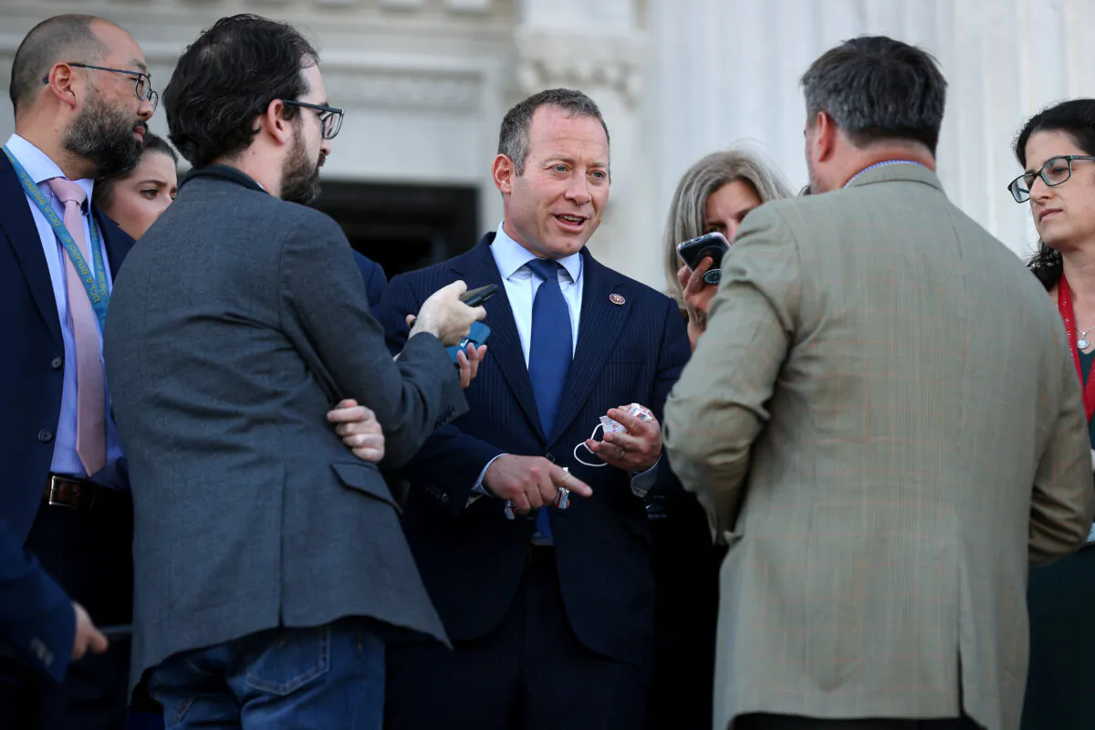 Rep. Josh Gottheimer (D-N.J.) speaks to reporters outside the U.S. Capitol in Washington on Sept. 30, 2021. (Mandel Ngan/AFP via Getty Images)
