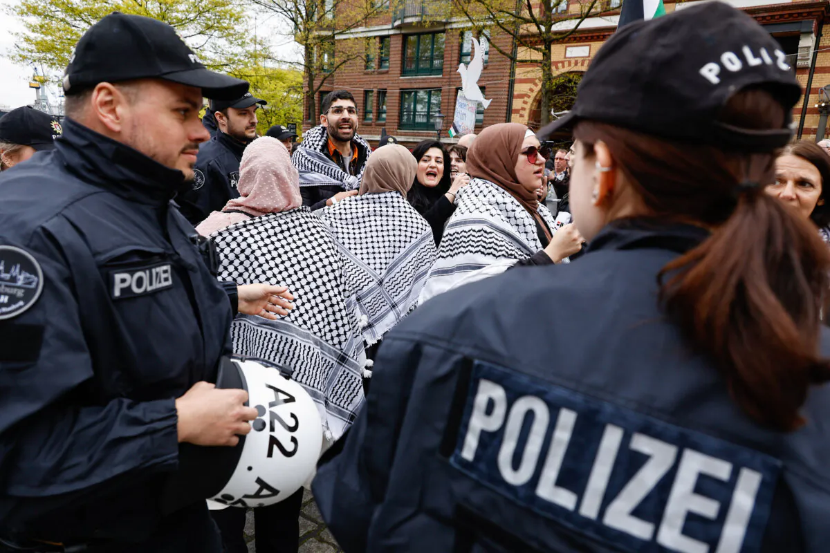 Pro-Palestinian protesters demonstrate during the launch event rally for the SPD European elections campaign in Hamburg, Germany, on April 27, 2024. (Morris MacMatzen/Getty Images)