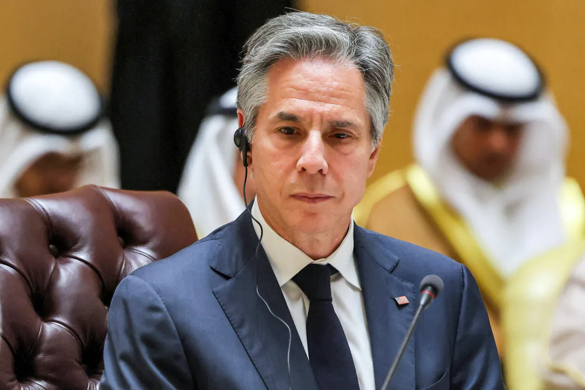 U.S. Secretary of State Antony Blinken attends a Joint Ministerial Meeting of the Gulf Cooperation Council (GCC)-U.S. Strategic Partnership discussing the humanitarian situation in Gaza at the Gulf Cooperation Council (GCC) Secretariat in Riyadh, Saudi Arabia, on April 29, 2024. (Fayez Nureldine/AFP via Getty Images)
