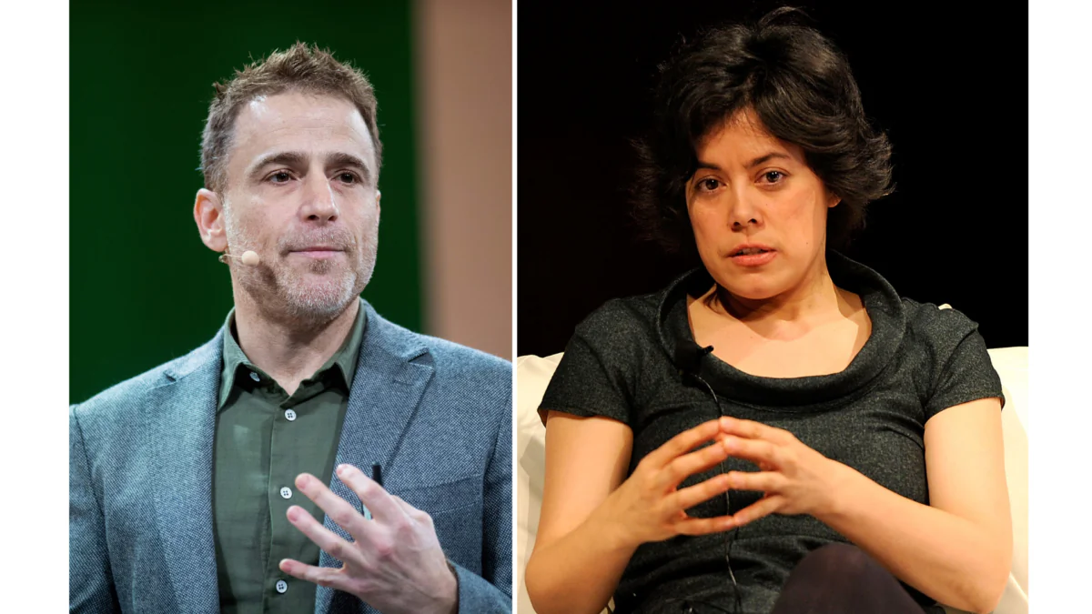 (Left) Slack CEO Stewart Butterfield speaks at his company’s Frontiers conference in San Francisco, Calif., on April 24, 2019. (Right) Cofounder of Hunch Caterina Fake attends the Wired business conference in New York City on June 14, 2010. (Noah Berger/AFP via Getty Images; Larry Busacca/Getty Images for Conde Nast)