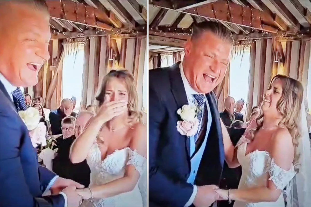 A couple in the UK take their wedding vows and laugh as the groom flubs his words. (Screenshot/Newsflare)