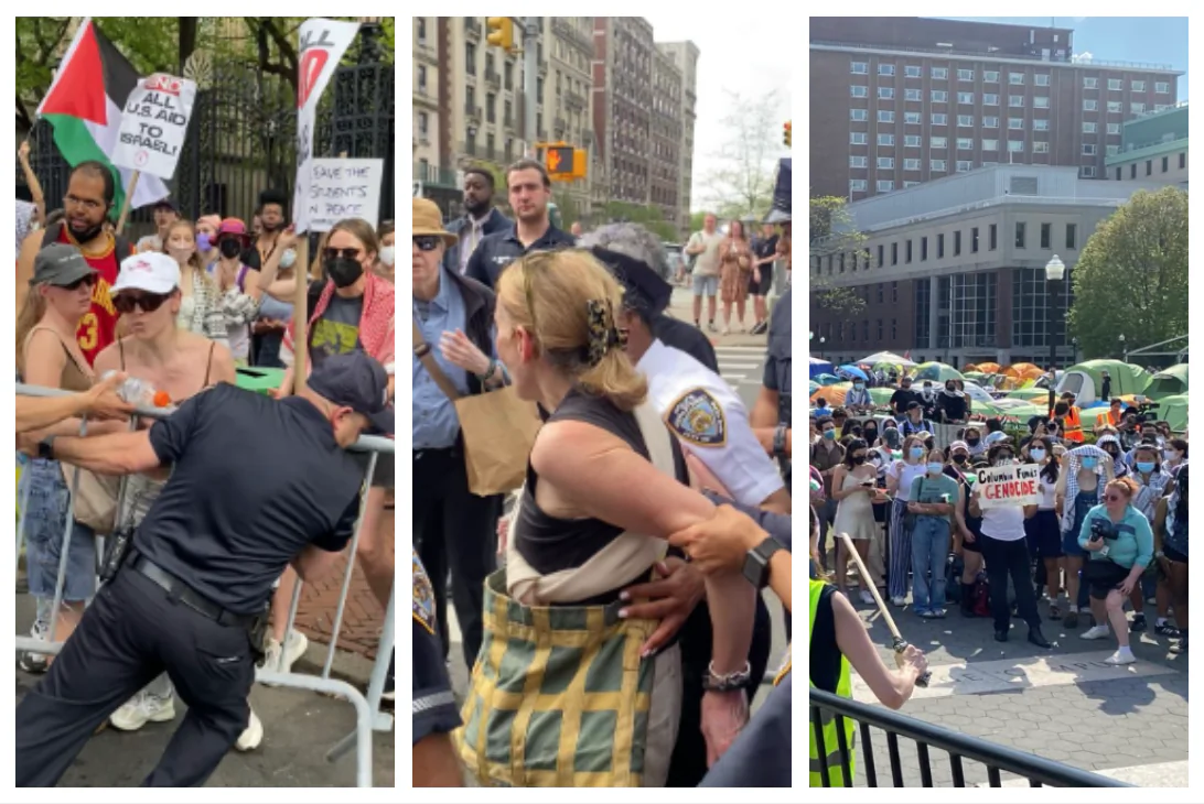 Police manage protests outside and on the campus of Columbia University on April 29, 2024. (Enrico Trigoso/The Epoch Times)