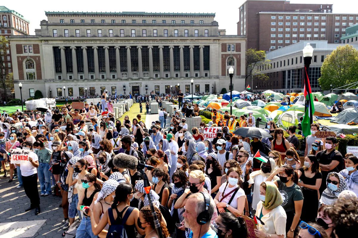 Pro-Palestinian demonstrators hold a short rally after marching around the "Gaza Solidarity Encampment" in the West Lawn of Columbia University in New York City on April 29, 2024. (Michael M. Santiago/Getty Images)