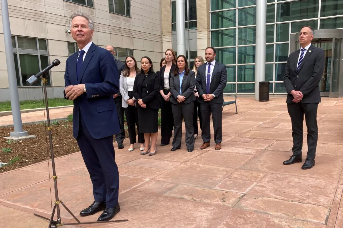 U.S. Attorney for Colorado Cole Finegan (L), speaks outside Denver federal court after the sentencing of Jared Sebastian Dalke in Denver on April 29, 2024. (Colleen Slevin/AP Photo)