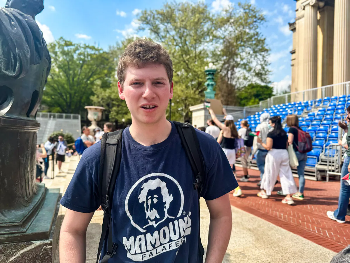 Columbia University student Leo Elkins on April 29, 2024. (Juliette Fairley/The Epoch Times)