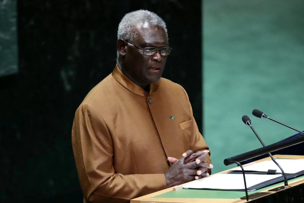 Solomon Islands Prime Minister Manasseh Sogavare addresses the 78th U.N. General Assembly in New York City on Sept. 22, 2023. (Leonardo Munoz/AFP via Getty Images)