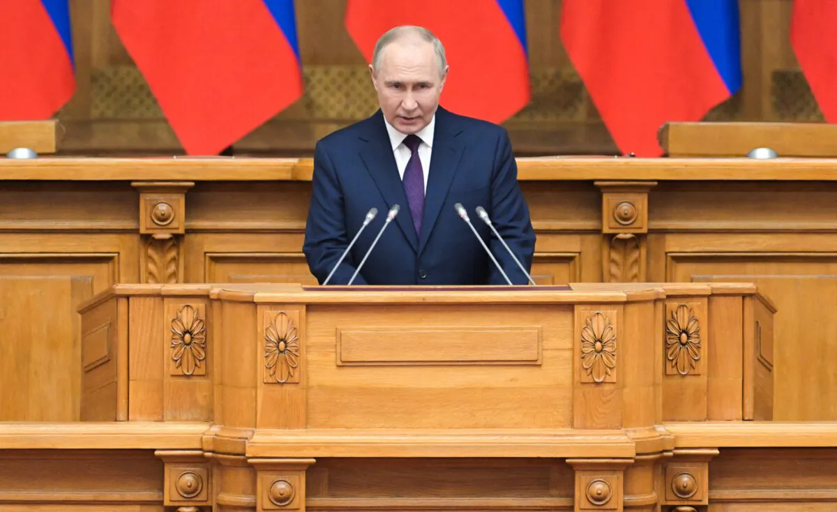 Russian President Vladimir Putin speaks during a meeting of the Council of Legislators of Russia at the Russian Federal Assembly at the Tauride Palace in St. Petersburg, on April 26, 2024. (Alexey Danichev/Pool/AFP via Getty Images)