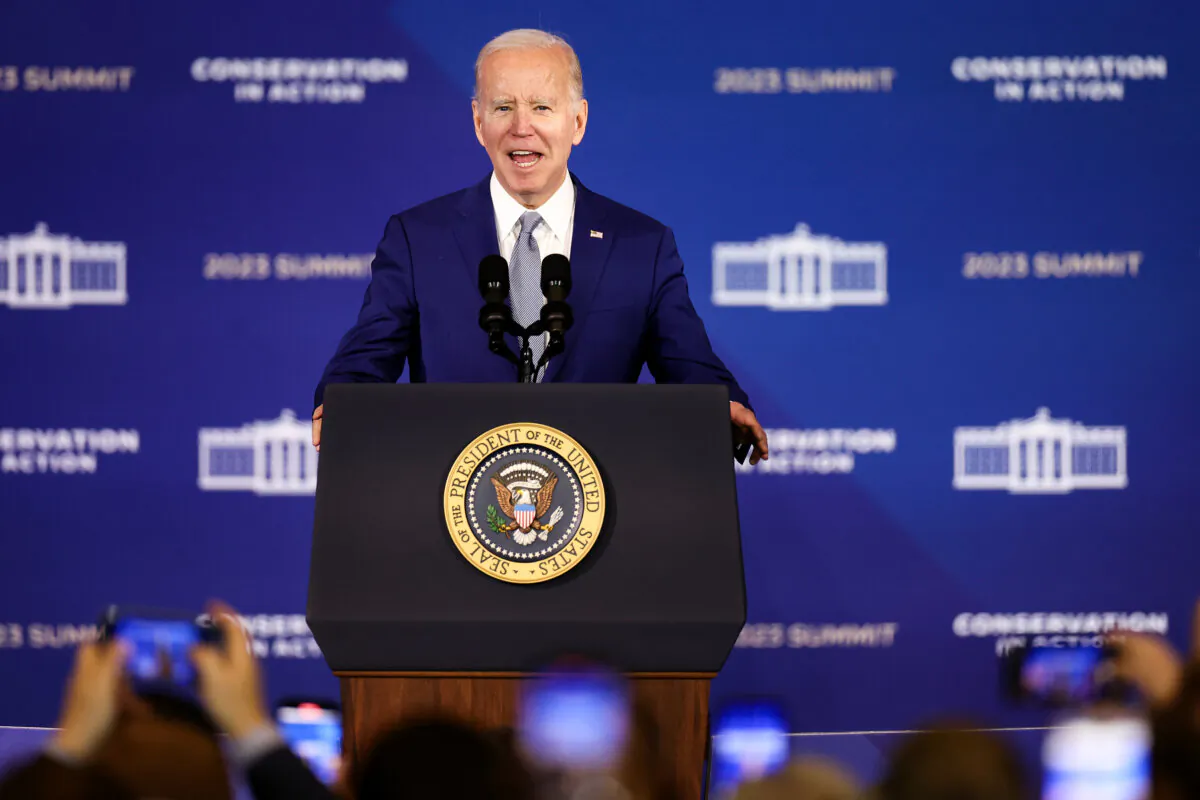 President Joe Biden delivers remarks at the Interior Department in Washington, on March 21, 2023. (Kevin Dietsch/Getty Images)