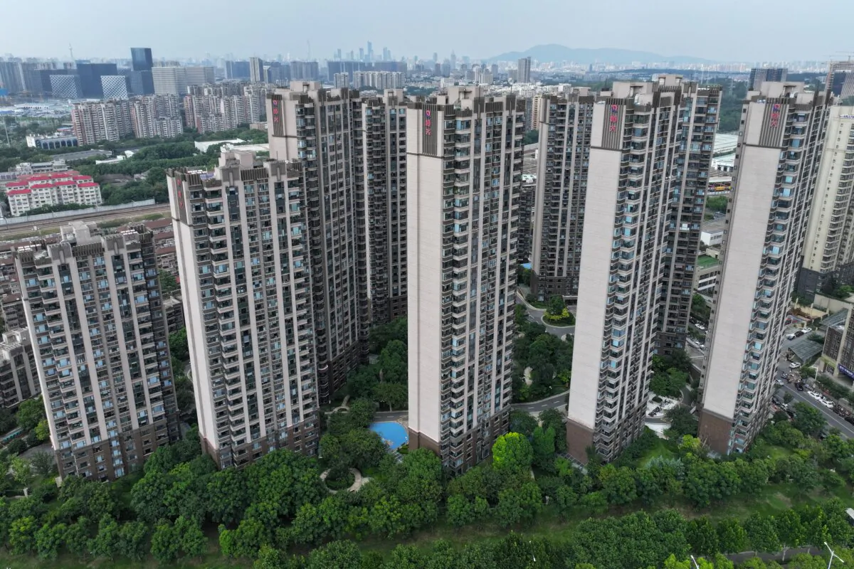 The Evergrande logo is seen on residential buildings in Nanjing, in China's eastern Jiangsu province on Aug. 18, 2023. (Stringer/AFP via Getty Images)