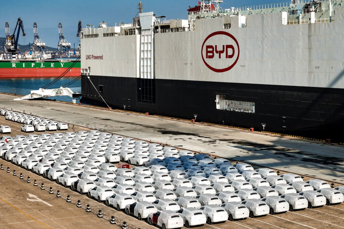 BYD electric cars for export waiting to be loaded on the "BYD Explorer NO.1," a domestically manufactured vessel intended to export Chinese automobiles, at Yantai port, in eastern China's Shandong Province, on Jan. 10, 2024. (STR/AFP via Getty Images)