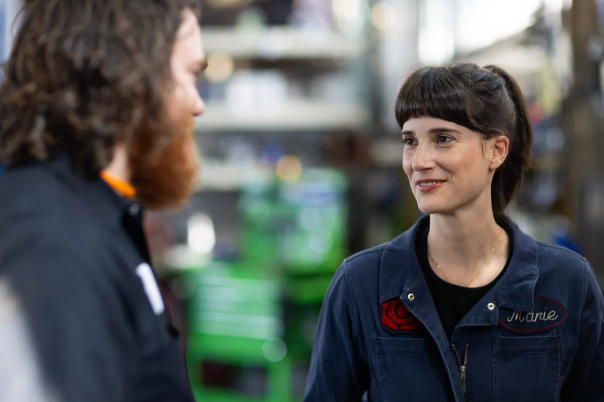 Rep. Marie Gluesenkamp Perez (D-Wash.) (R) at her auto shop during her congressional campaign in 2022. (Courtesy of the Marie Gluesenkamp Perez campaign)