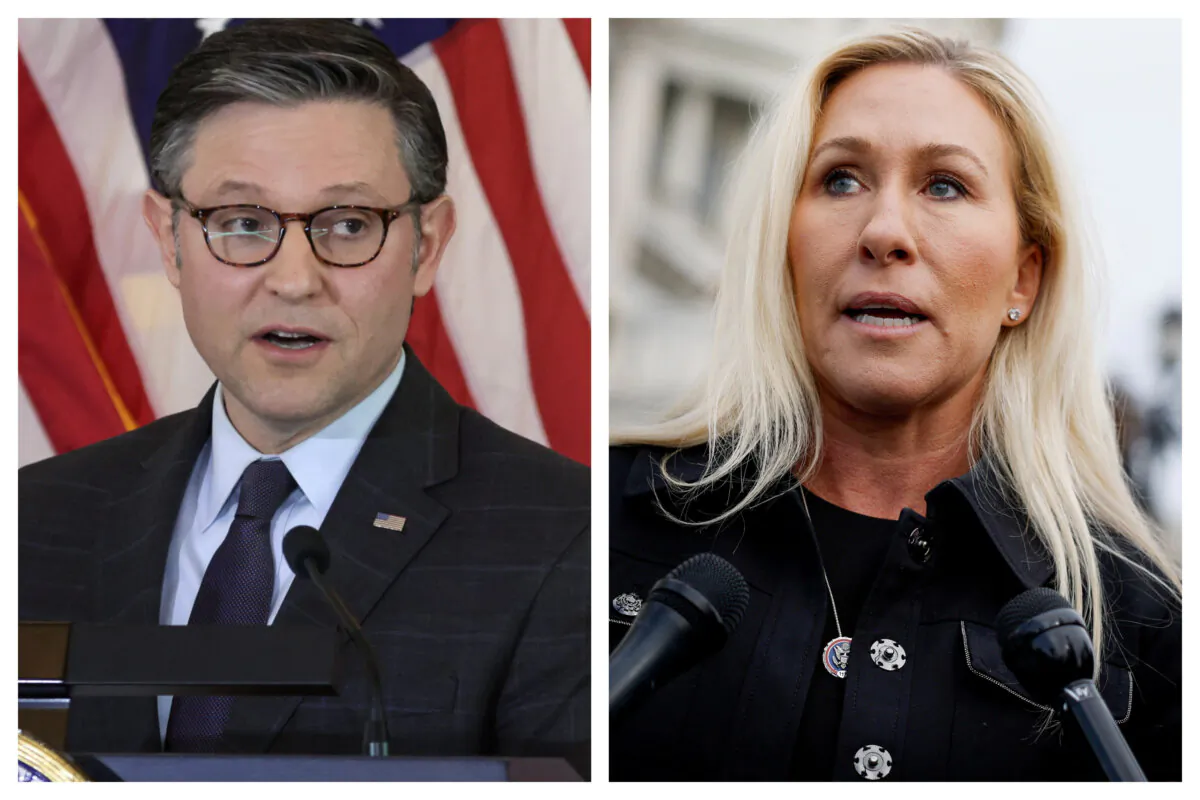 Speaker of the House Rep. Mike Johnson (R-La.) on Capitol Hill in Washington on March 21, 2024; Rep. Marjorie Taylor Greene (R-Ga.) outside the U.S. Capitol Building in Washington on March 13, 2024. (Alex Wong, Anna Moneymaker/Getty Images)