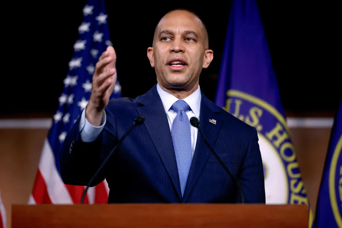 House Minority Leader Hakeem Jeffries (D-N.Y.) talks to reporters during a news conference in the U.S. Capitol Visitors Center in Washington, on April 11, 2024. (Chip Somodevilla/Getty Images)
Savannah Hulsey Pointer
