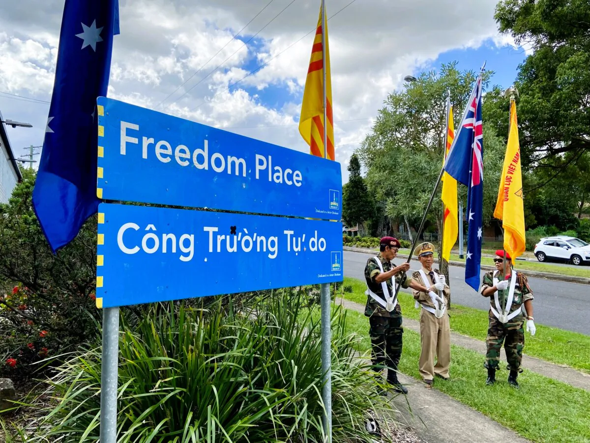 South Vietnamese veterans gathered at 'Freedom Place' in Inala of Brisbane's south-west  in Australia on April 30, 2024. (Daniel Teng/The Epoch Times)