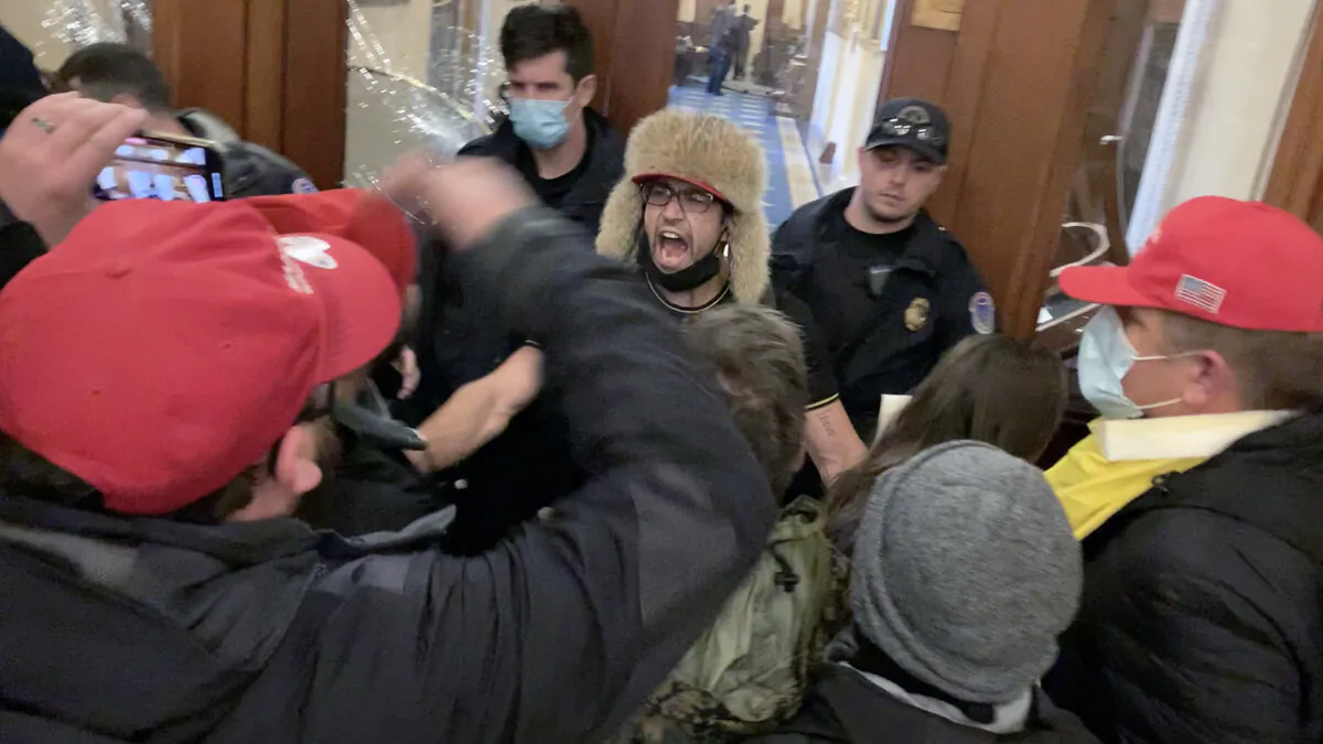 Zachary Jordan Alam incites the crowd outside the Speaker's Lobby at the U.S. Capitol on Jan. 6, 2021. (Sam Montoya/Special to The Epoch Times)