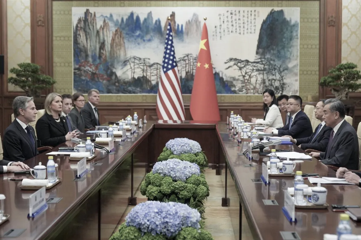 US Secretary of State Antony Blinken (L) attends a meeting with China's Foreign Minister Wang Yi (R) at the Diaoyutai State Guesthouse in Beijing on April 26, 2024. (Mark Schiefelbein / POOL / AFP)