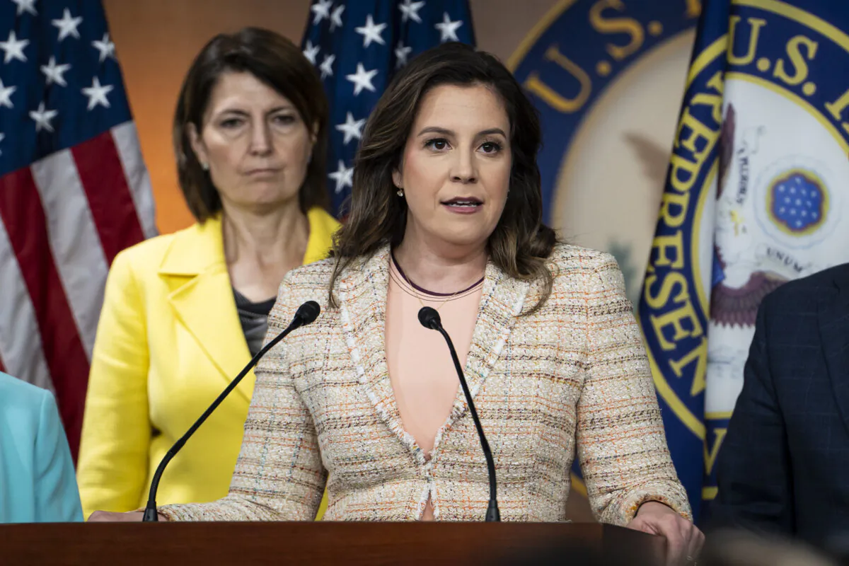 Rep. Elise Stefanik (R-N.Y.) speaks during a press conference in the U.S. Capitol in Washington on April 30, 2024. (Madalina Vasiliu/The Epoch Times)