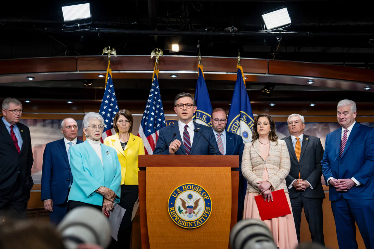 House Speaker Mike Johnson (R-La.) and other Republican committee chairs speak during a press conference about student protests at major universities, in Washington, on April 30, 2024. (Madalina Vasiliu/The Epoch Times)