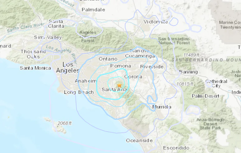 A 4.1 magnitude earthquake struck at 1:49 p.m. in the Corona area of Riverside County on May 1, 2024. (The U.S. Geological Survey/Screenshot via The Epoch Times)