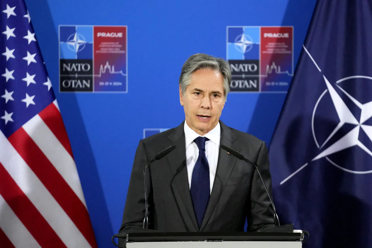 U.S. Secretary of State Antony Blinken speaks during a media conference after a meeting of NATO foreign ministers at the Czernin Palace, in Prague, Czech Republic, on May 31, 2024. (Peter David Josek/Pool/AFP via Getty Images)