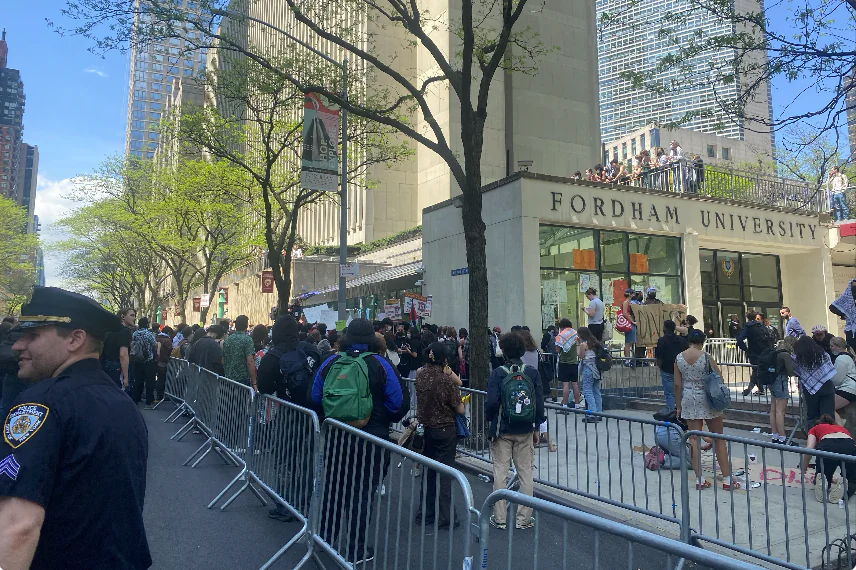 Protesters at Fordham University in New York, May 1, 2024. (Enrico Trigoso/The Epoch Times)