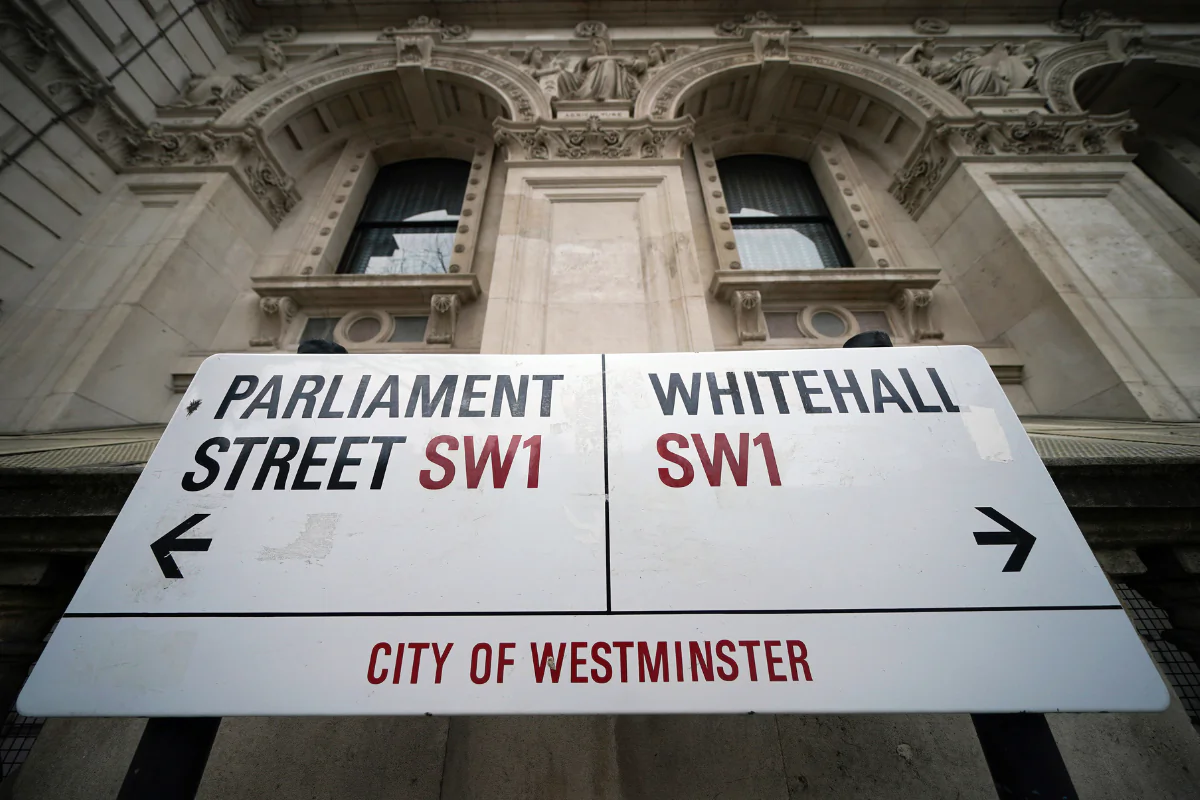 A street sign giving directions to Parliament Street and Whitehall in London on Jan. 22, 2022. (Yui Mok/PA Wire)