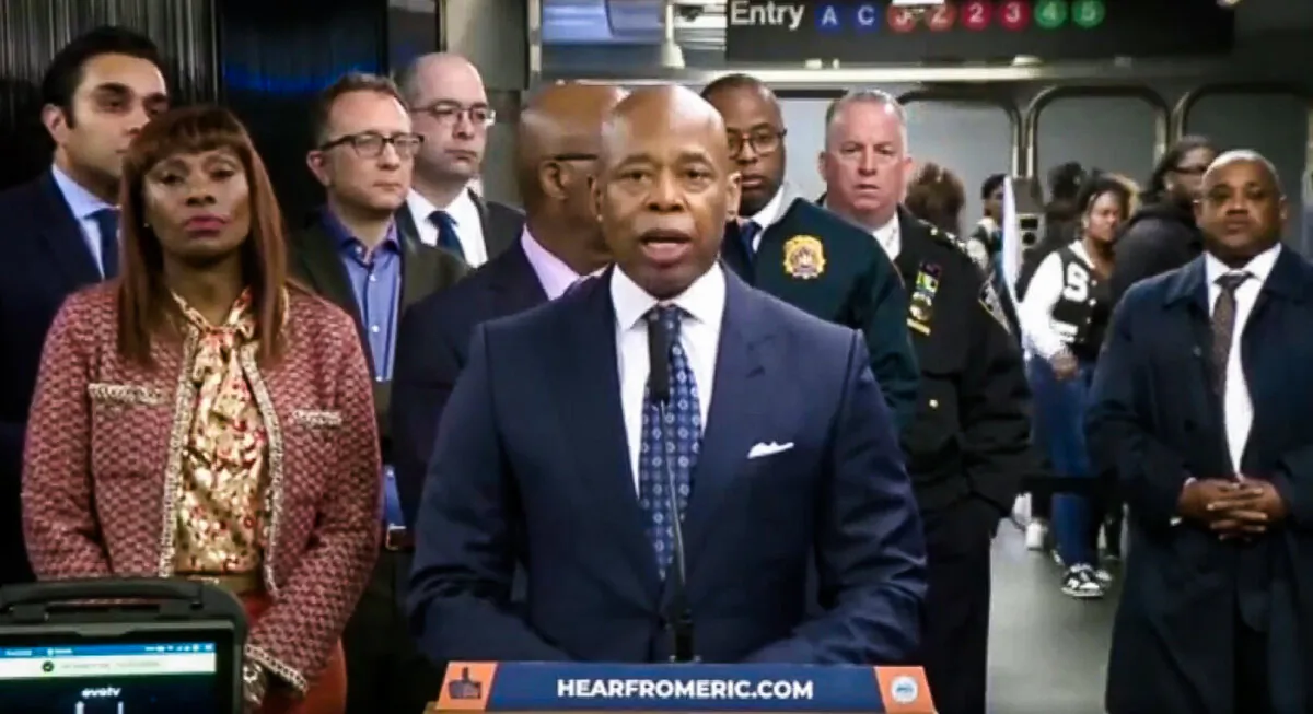 New York City Mayor Eric Adams announcing a pilot program to deploy portable gun scanners throughout the New York subway system, on March 28, 2024. (NYC Office of the Mayor via AP/Screenshot via NTD)