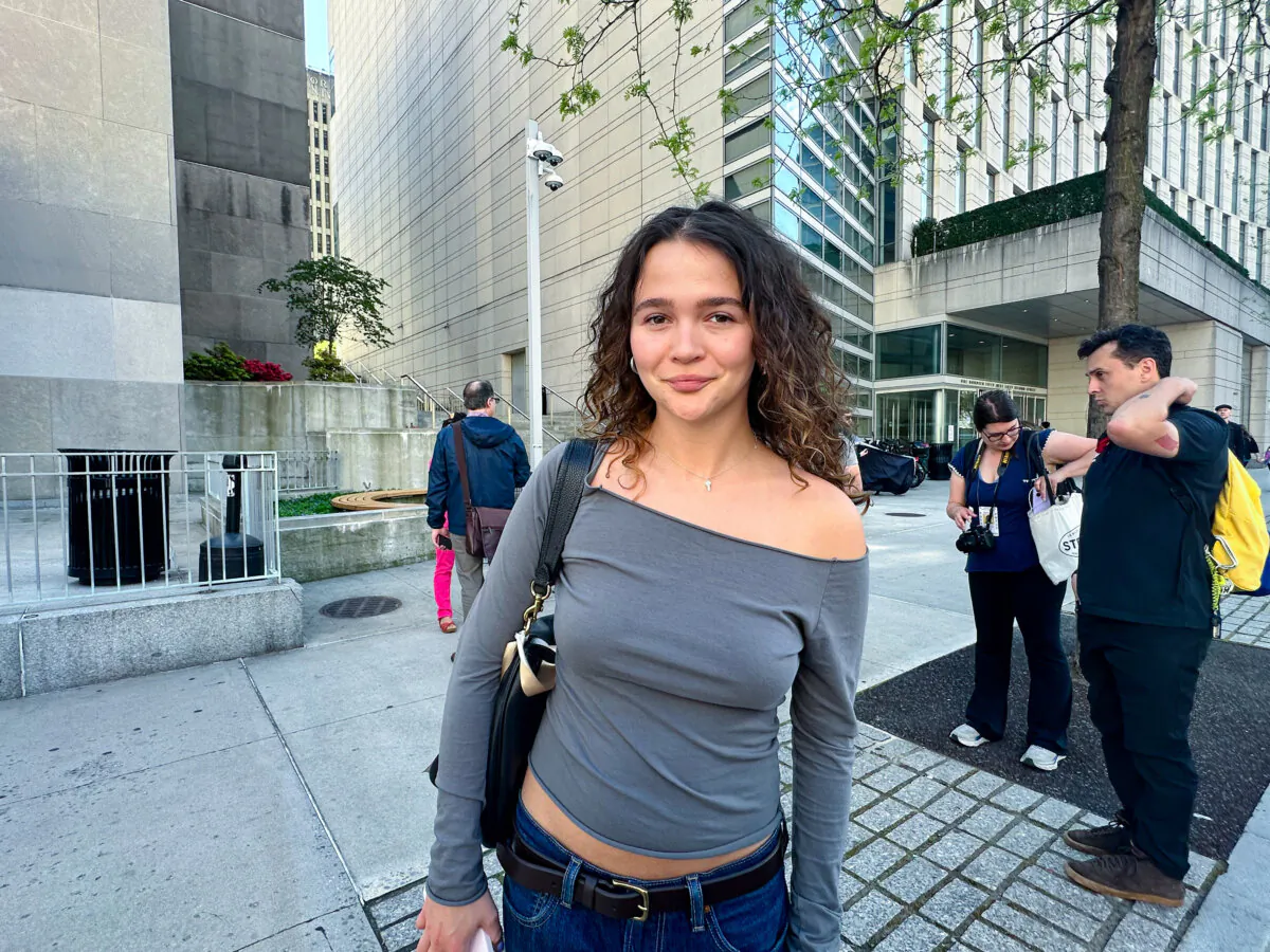 Fordham University senior Cara Gilbert watched pro-Palestinian protestors on campus on May 1, 2024 (Juliette Fairley/The Epoch Times)