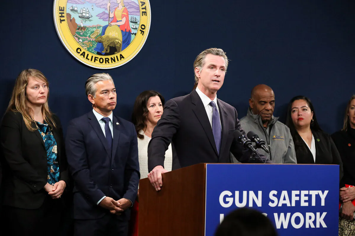 California Gov. Gavin Newsom speaks during a press conference in Sacramento, on Feb. 1, 2023. (Justin Sullivan/Getty Images)