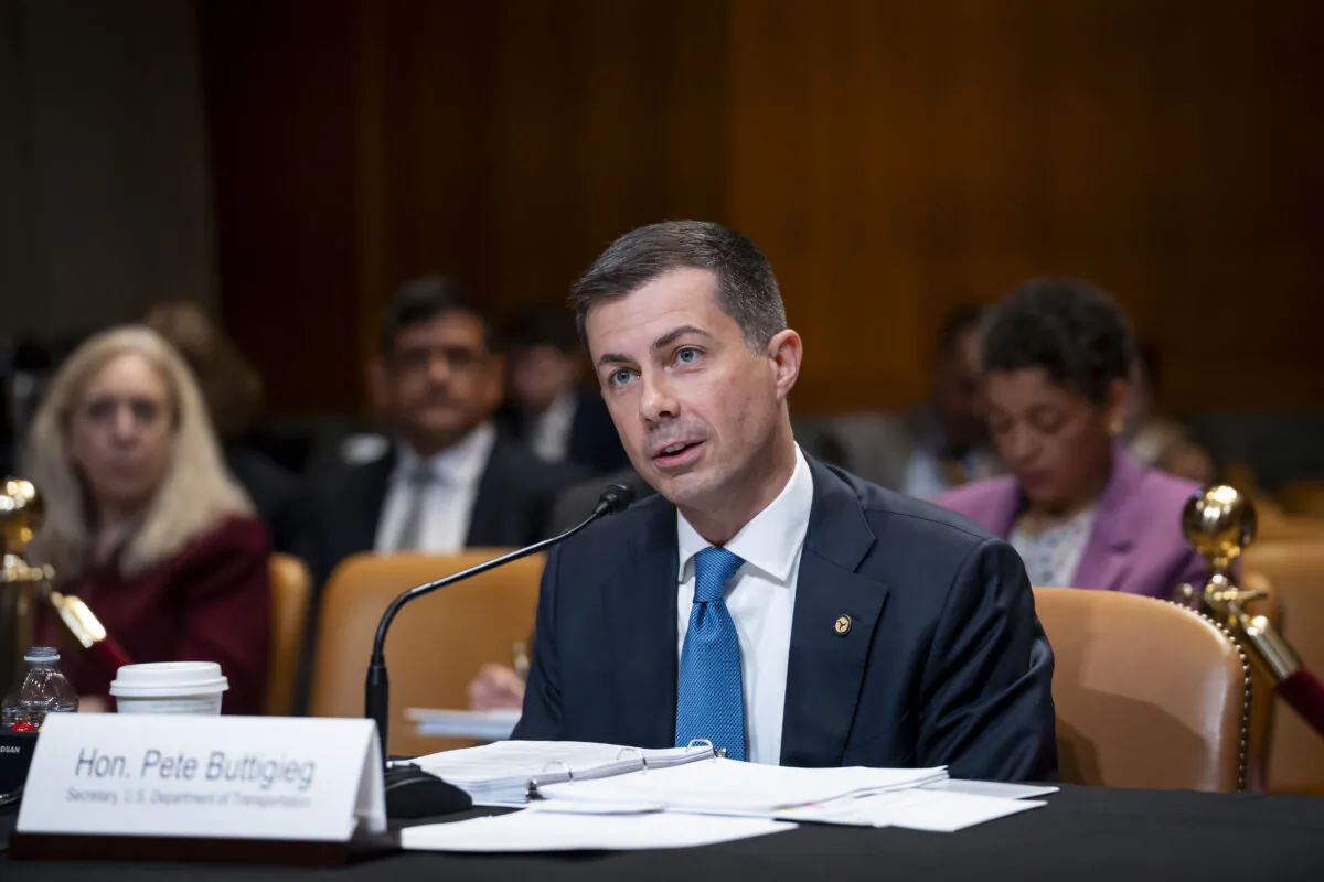 Secretary of the Department of Transportation Pete Buttigieg testifies before the Senate Committee on Appropriations in Washington on May 2, 2024. (Madalina Vasiliu/The Epoch Times)