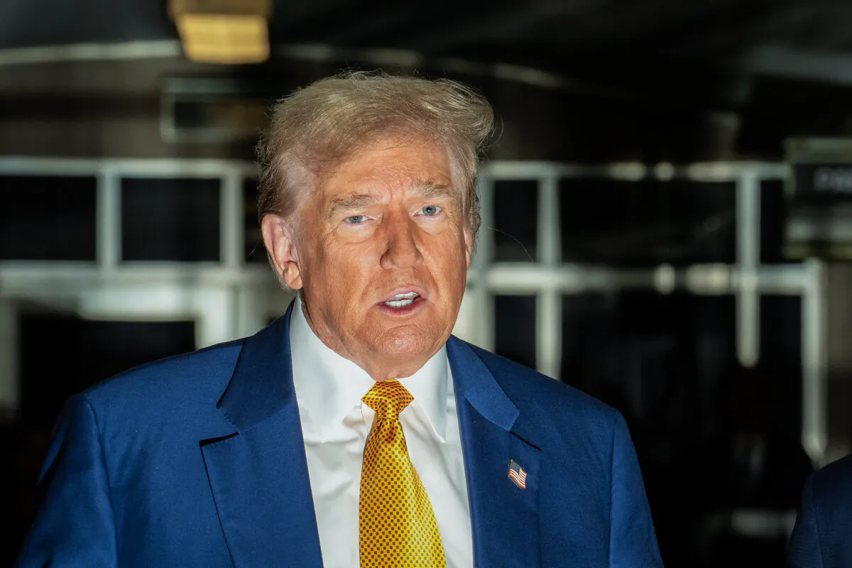 Former President Donald Trump speaks to the media outside of court during his trial for allegedly covering up hush money payments at Manhattan Criminal Court in New York on May 2, 2024. (Jeenah Moon-Pool/Getty Images)