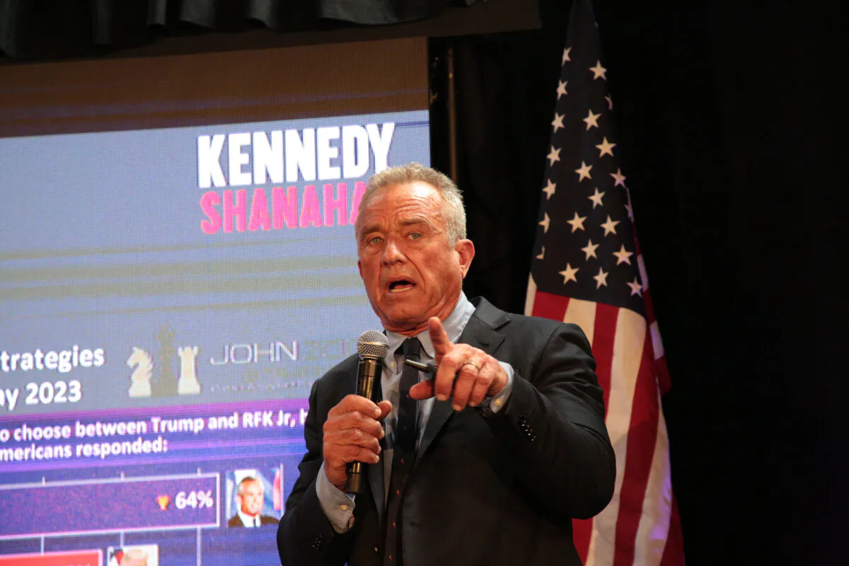 Robert F. Kennedy Jr. at an election event in Brooklyn; N.Y.; on May 1; 2024. (Richard Moore/The Epoch Times)