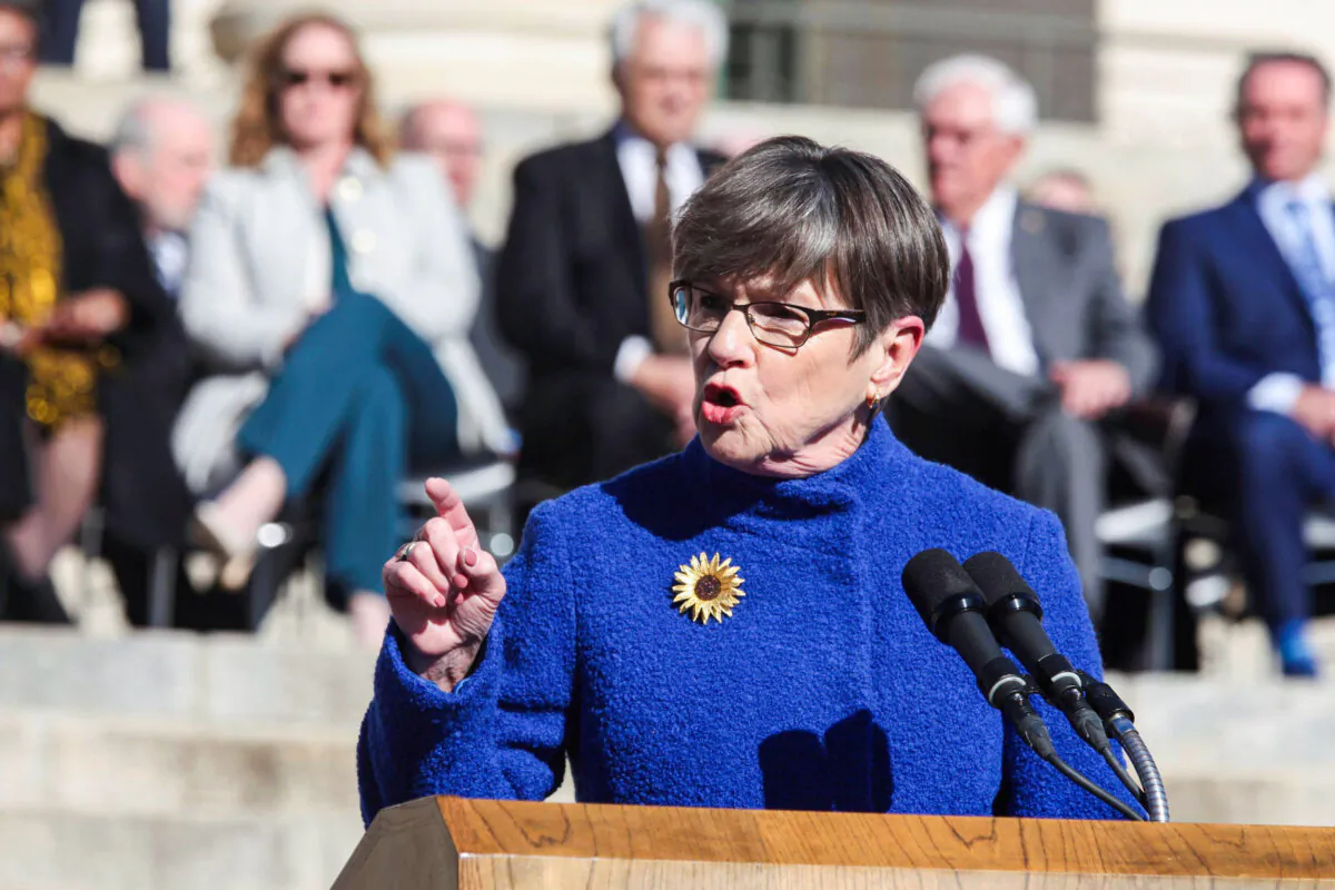 Kansas Gov. Laura Kelly gives her inaugural address for her second four-year term on the south steps of the Statehouse in Topeka, Kan., on Jan. 9, 2023. (John Hanna/AP Photo)